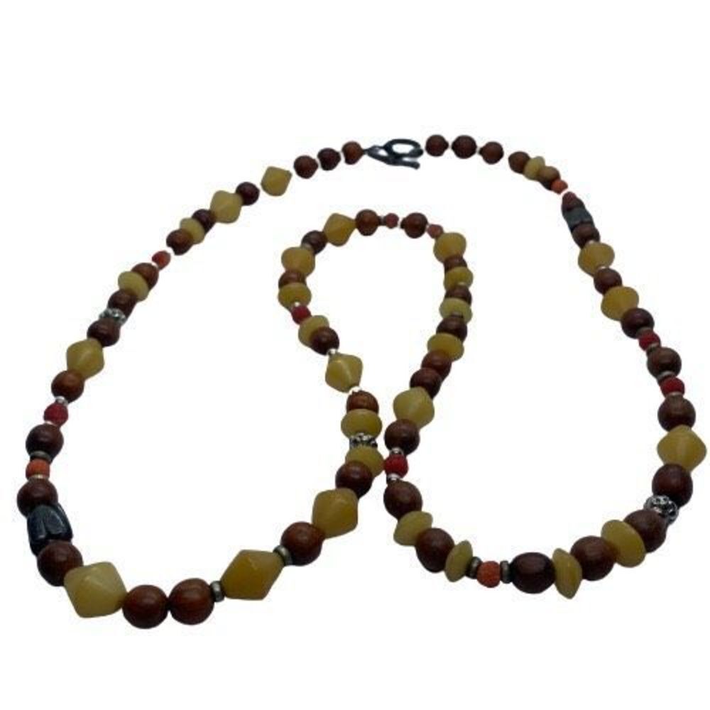 Unique Vintage Plastic & Wooden Bead Necklace w/ Sterling Clasp